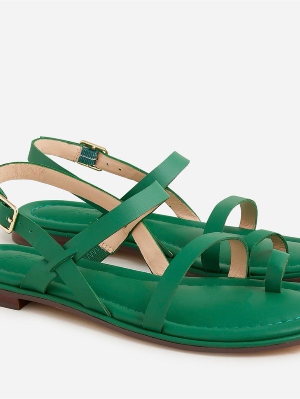 J Crew Leather Minorca Green Strappy Flat Sandals Cushion Flat